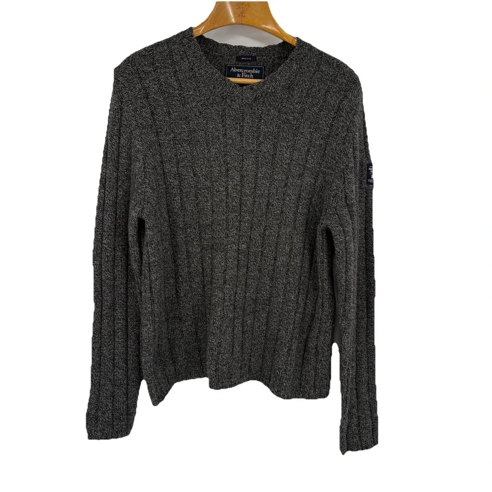 Y2K Abercrombie Fitch Men Ribbed V Neck Sweater‎ XL Gray Logo Patch Preppy